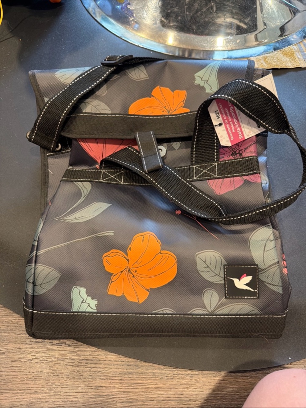 Crossbody Floral Nylon Bag in Charcoal with Orange Accents